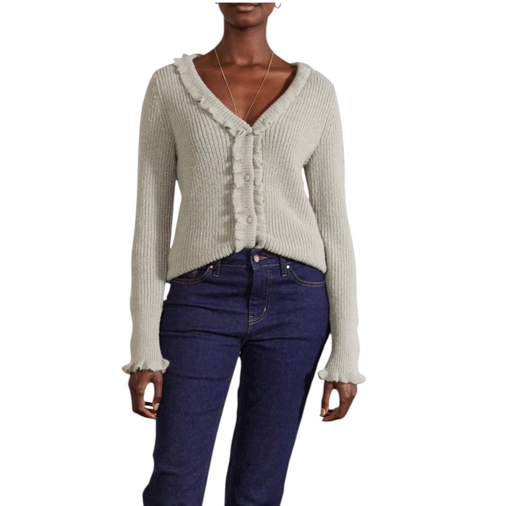 Boden Sweater Women 6 Green Sage Ruffled V Neck Button‎ Cardigan Boho Preppy NWT
